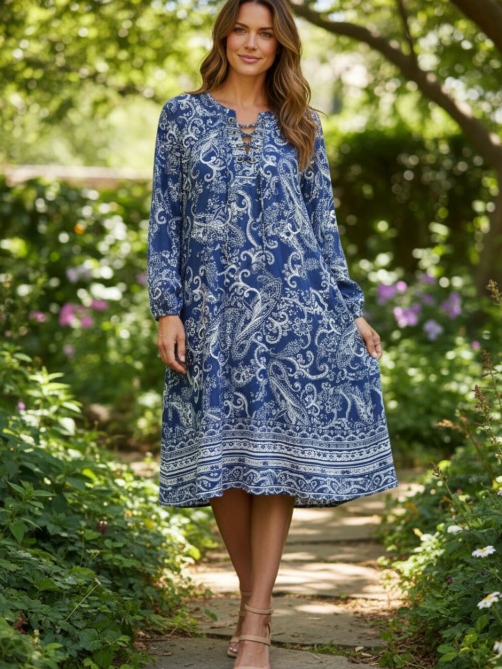 New Directions Blue/White Polyester Knit Paisley Print Dress (XL)